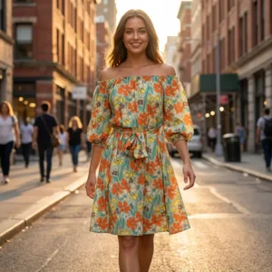 Orange Green Floral Dress