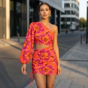 One Shoulder Floral Short Dress