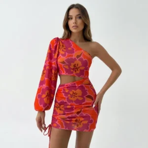 One Shoulder Floral Short Dress