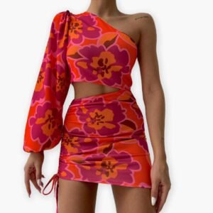 One Shoulder Floral Short Dress