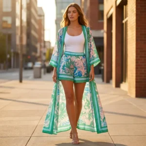 Floral Green Short Kaftan Set