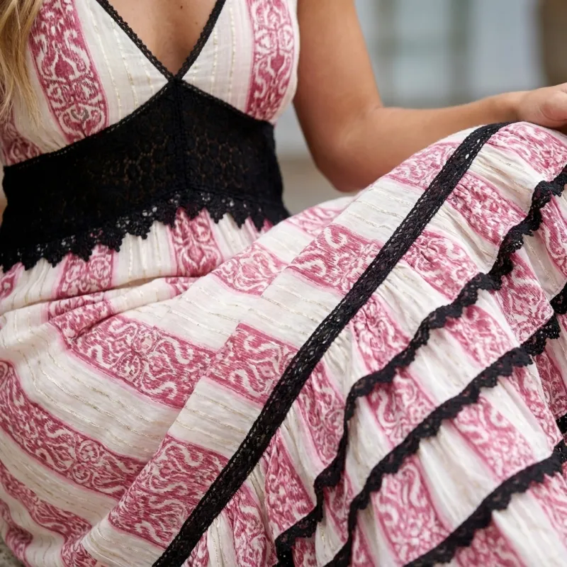 Pink Black Laced Long Dress