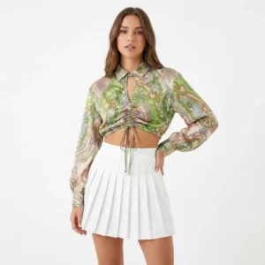 Printed Retro Lace-up Crop Blouse