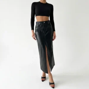 Black Glittery Denim Long Skirt