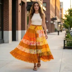 Orange Floral Long Skirt